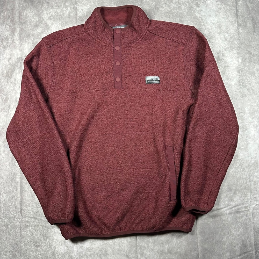Eddie Bauer Mens Small Snap Neck Fleece Pullover Burgundy‎ Heather Mock Neck Top